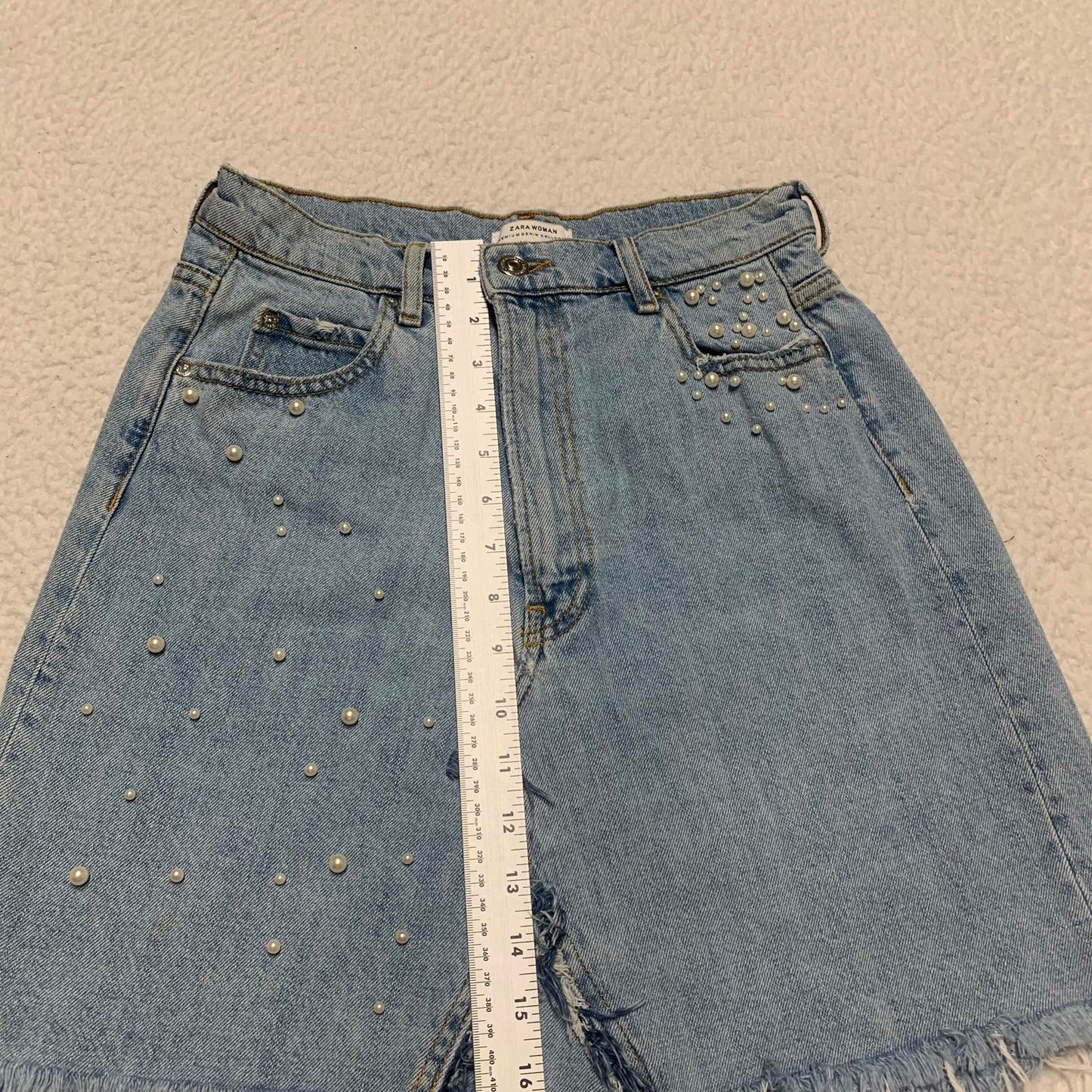 Zara Women's Size M Blue Distressed light wash Denim Skirt Pearl Bead Details