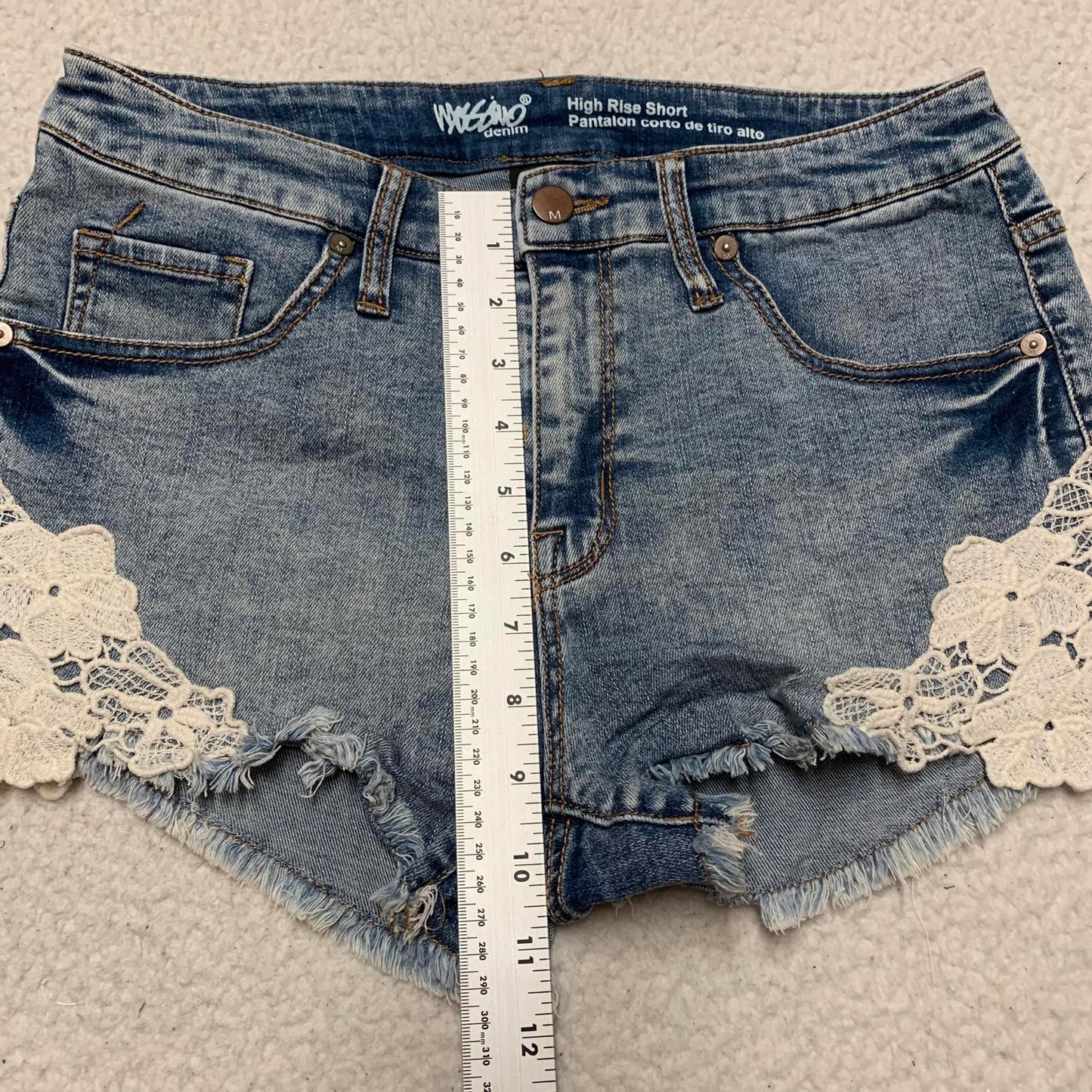 Mossino Womens Size 8/W29 High Rise Denim Shorts Lace Trim