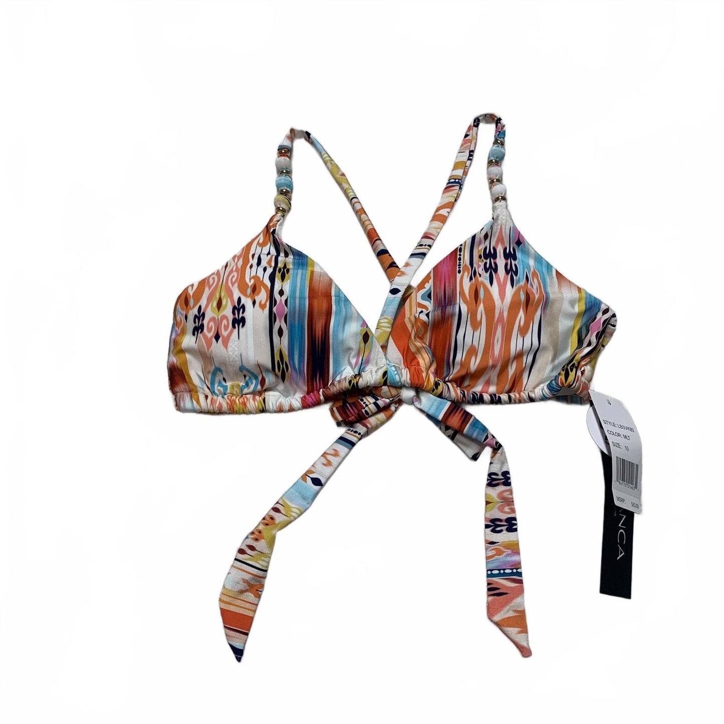 LA Blanca Womens Size 10 Colorful Print Triangle Bikini Top Beaded Straps