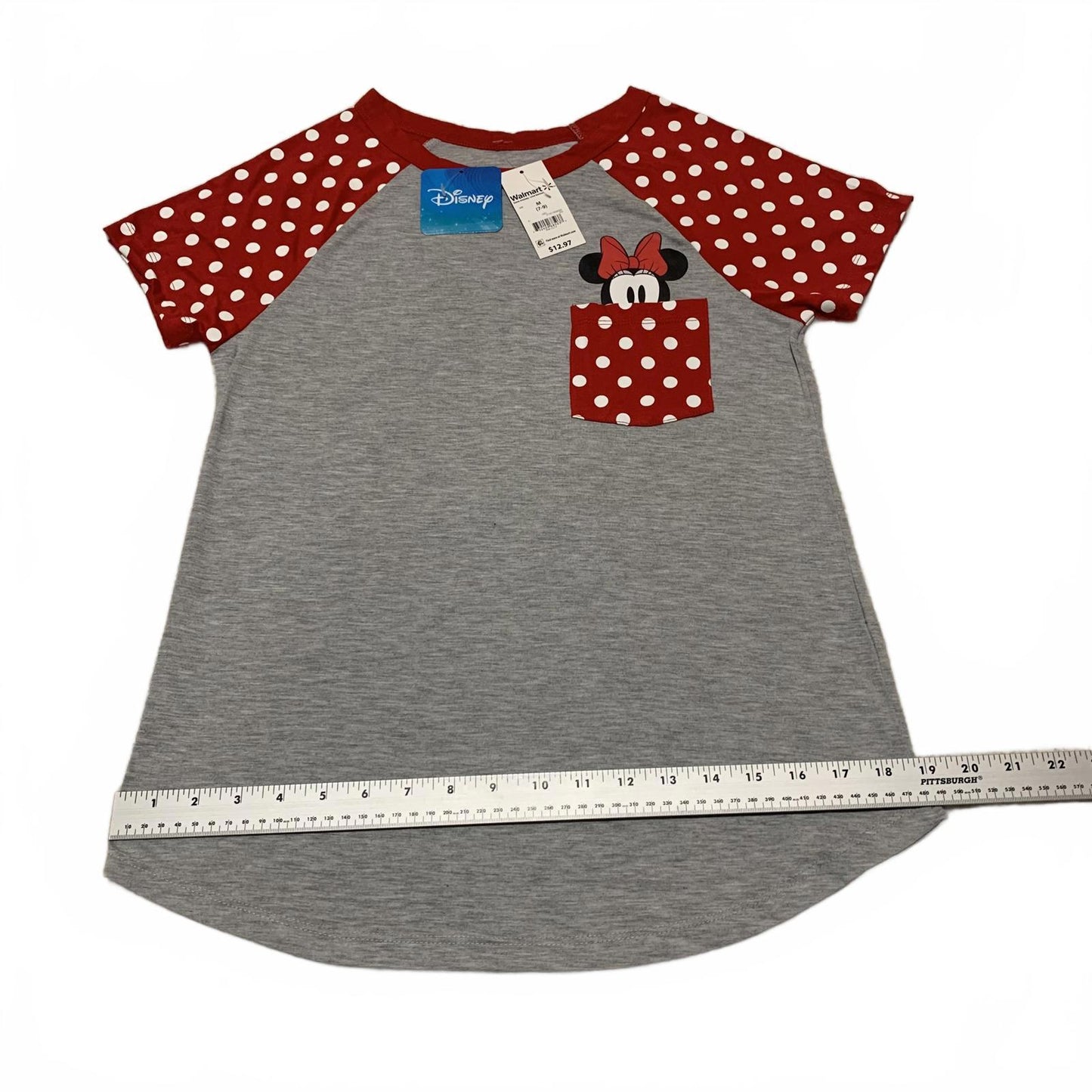 Disney Girls' Size Medium 7-9 Red Grey Minnie Mouse Pocket T Shirt