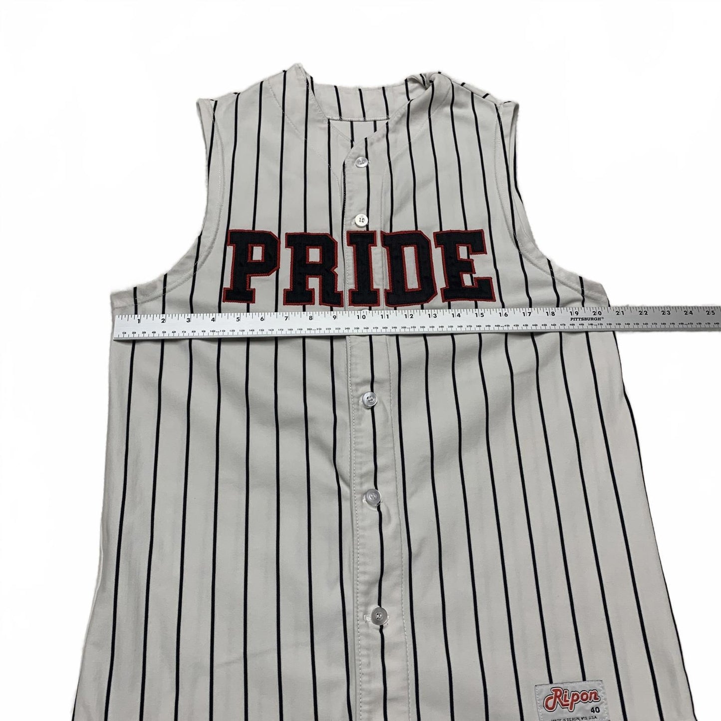 Ripon Athletic PRIDE #1 Mens Sz 40 White Striped Baseball Jersey Sleeveless USA