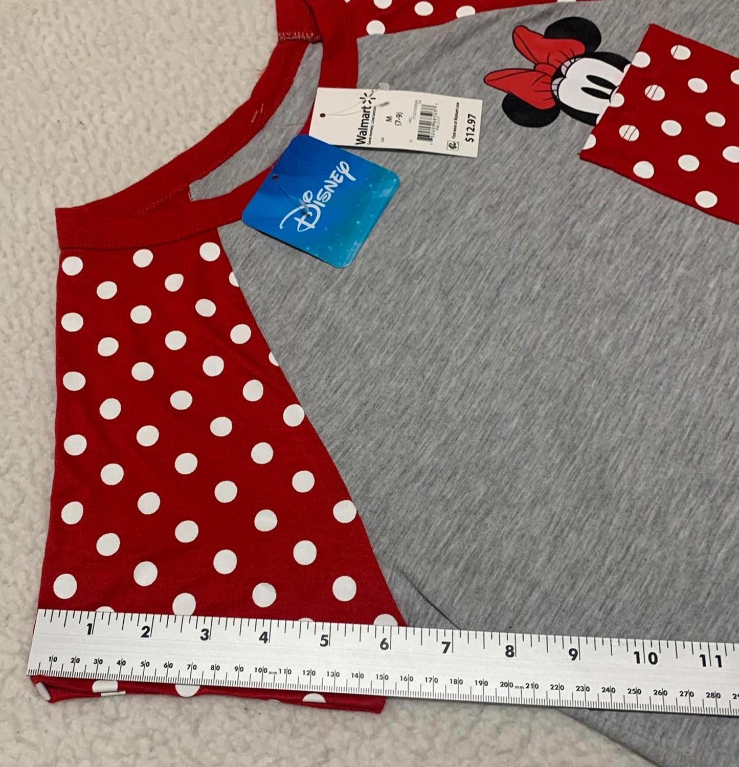 Disney Girls' Size Medium 7-9 Red Grey Minnie Mouse Pocket T Shirt