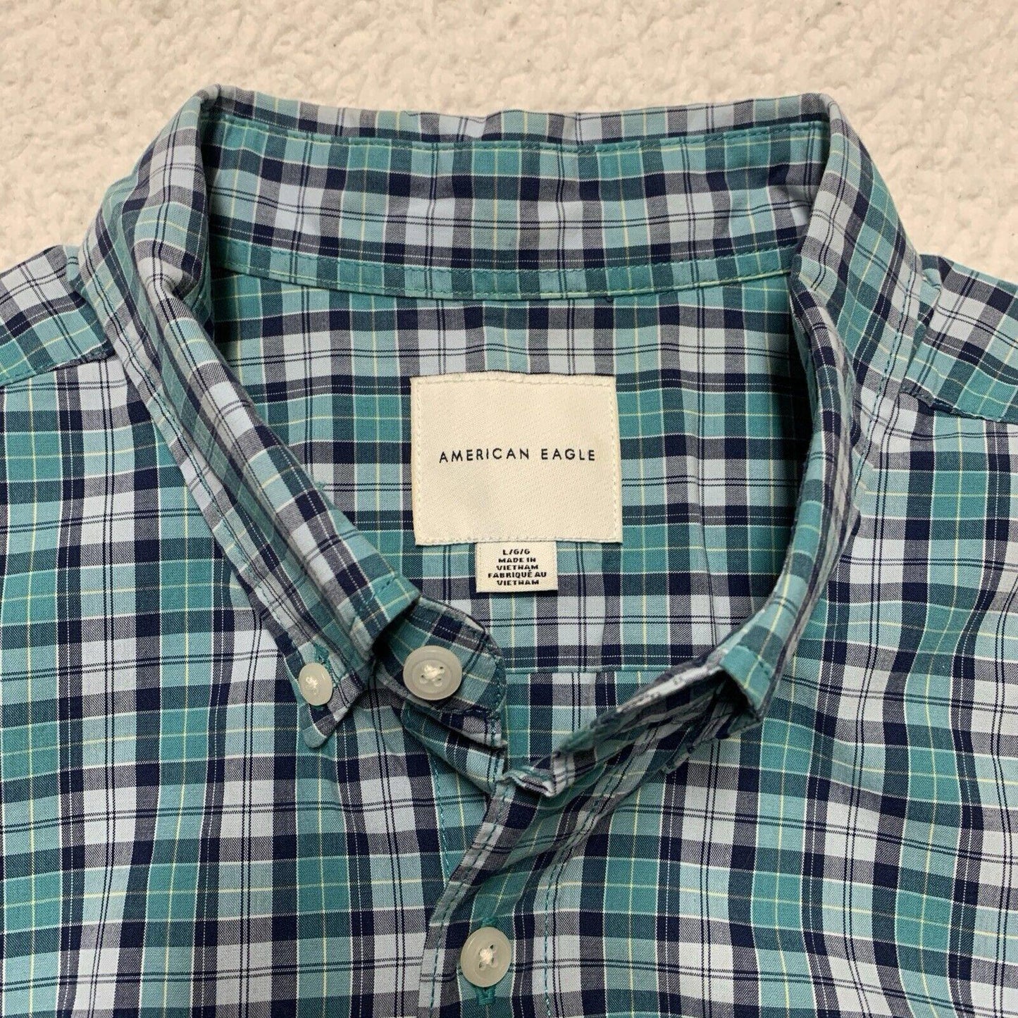 American Eagle Women’s Size Large Teal Blue Button up Shirt Plaid Long Sleeve