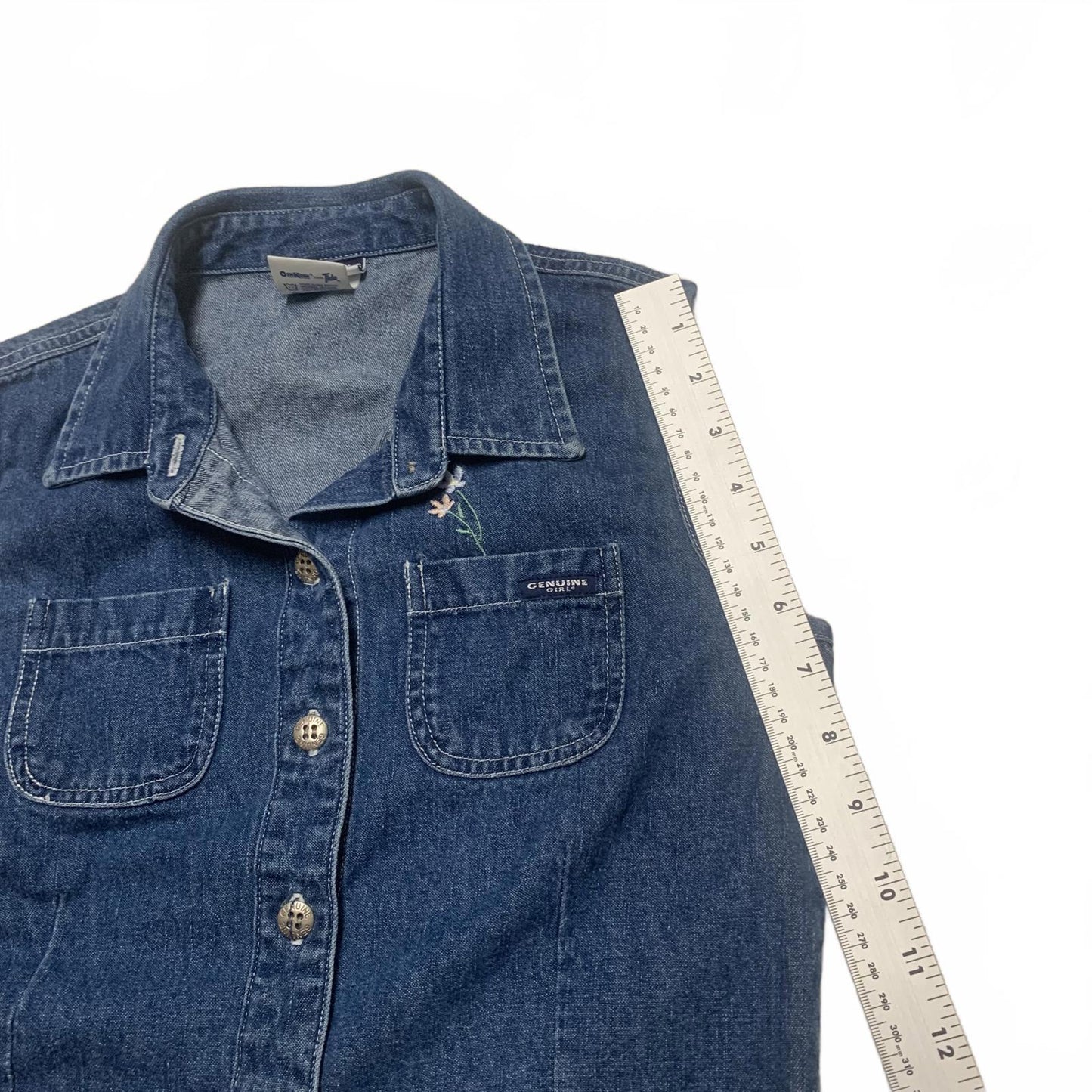 Genuine Girl Sze XLarge(18) Blue Denim Vest Floral Embroidery