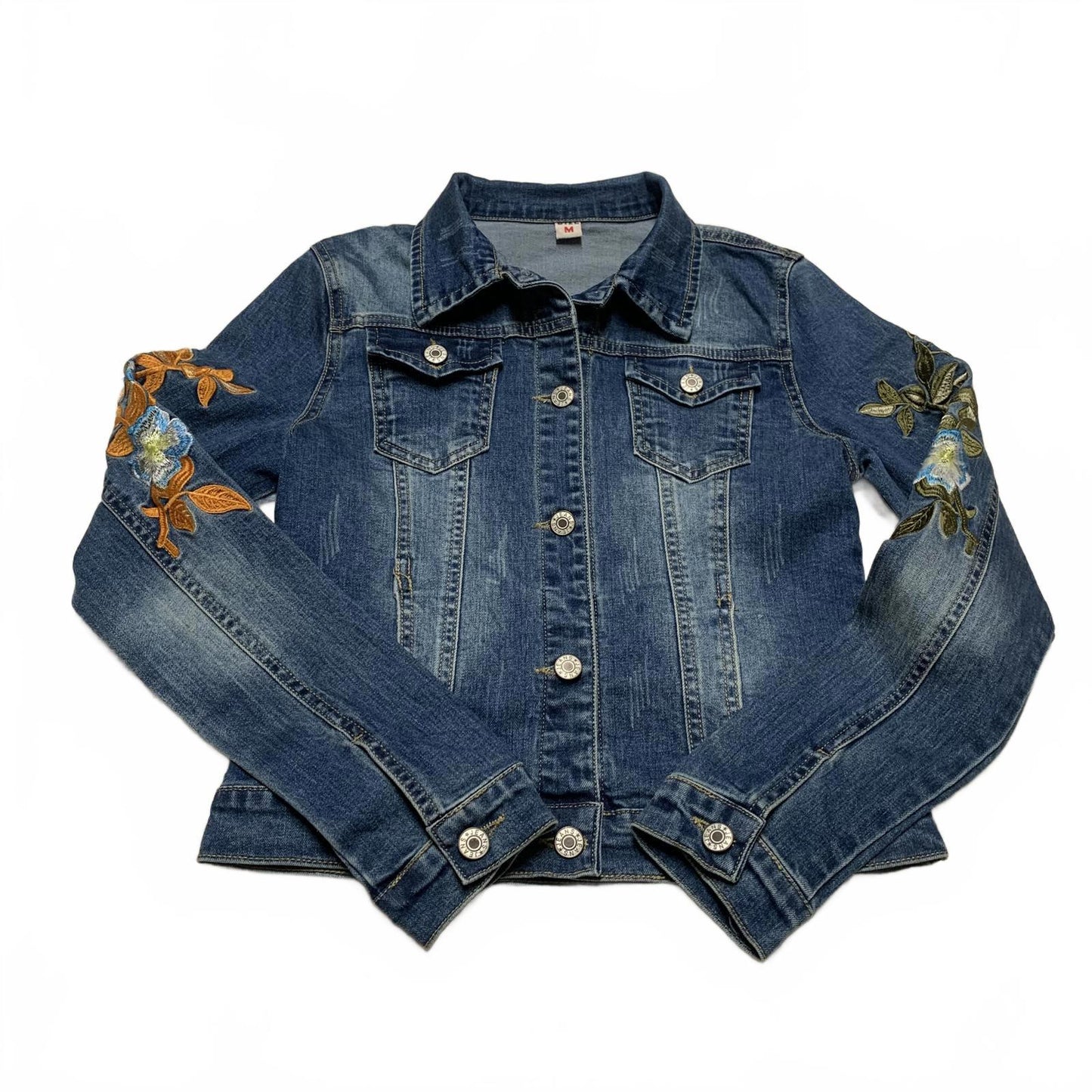 Stylish Denim Jacket with Floral Embroidery Women's Size Medium Dark Denim