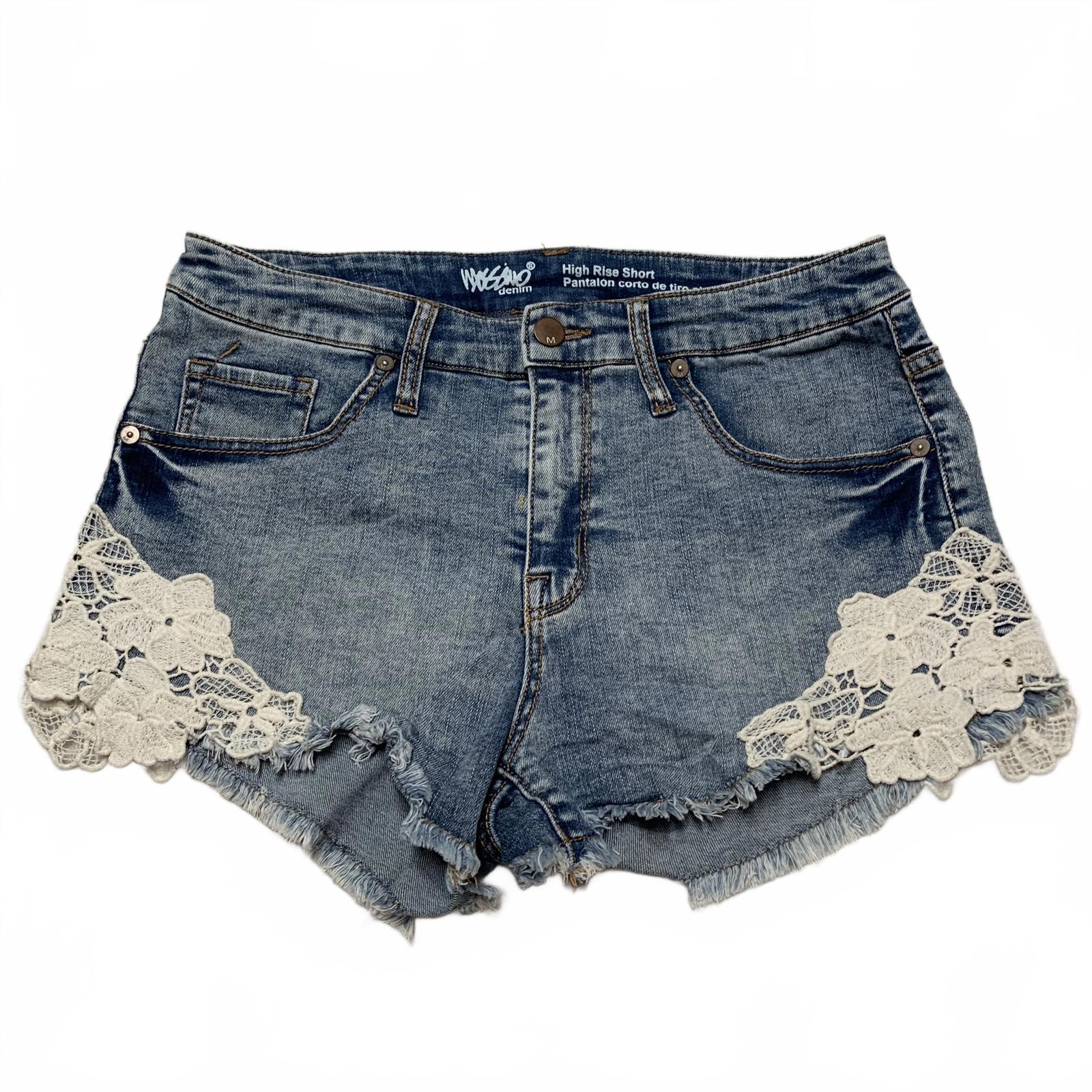 Shorts vaqueros de tiro alto con ribete de encaje Mossino para mujer, talla 8/W29