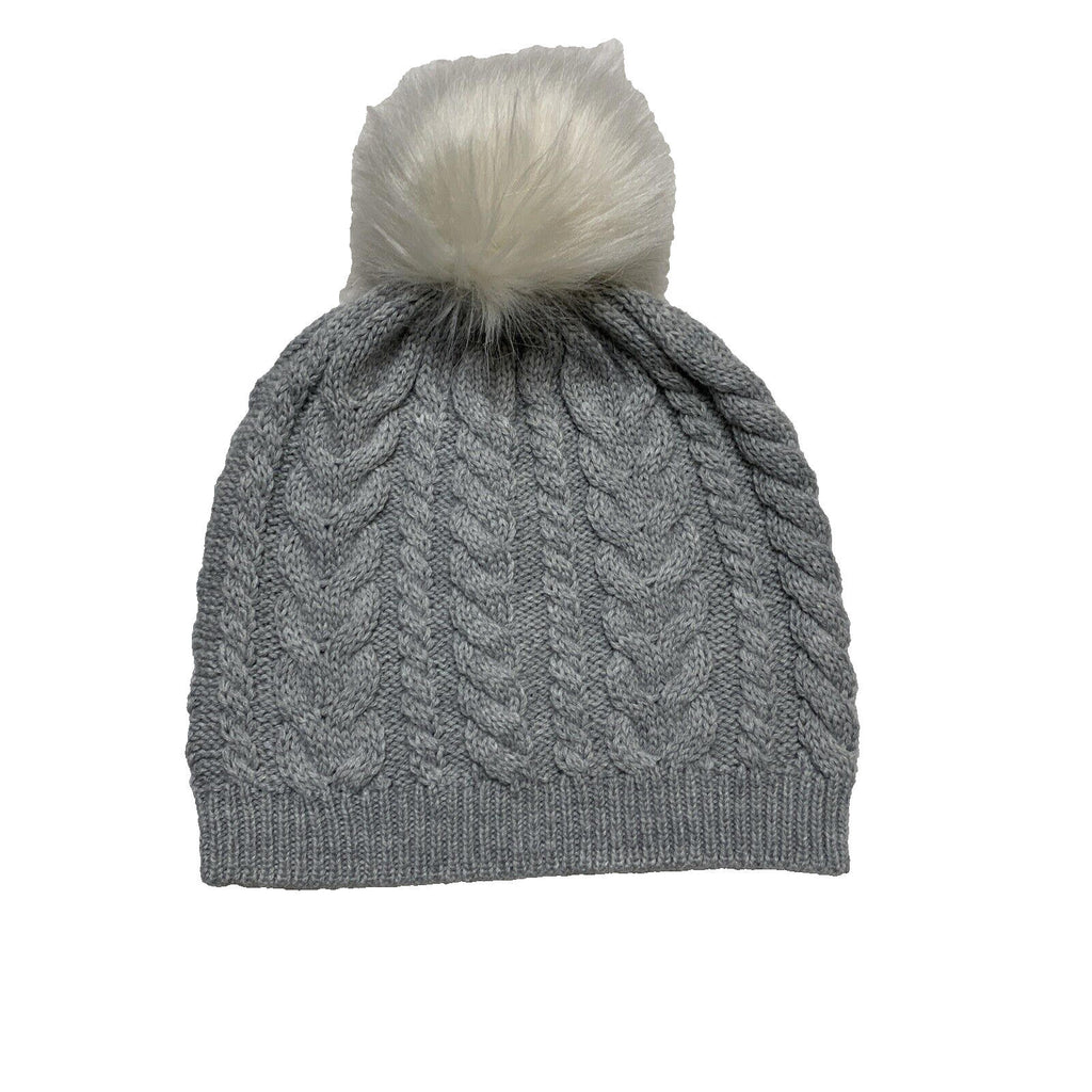 Gorro de invierno de punto trenzado J Crew, gorro gris, pompón blanco hueso