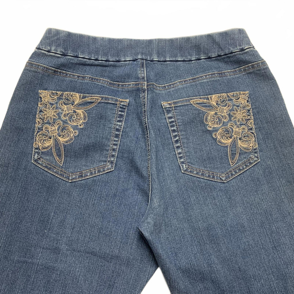 Vaqueros capri de mezclilla azul mediano Lee para mujer, talla 8, con bordado floral, 30 x 16