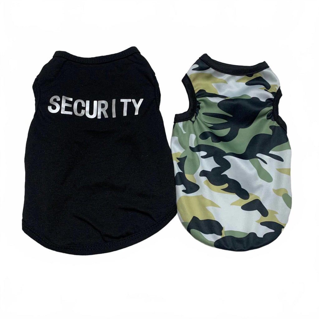 Paquete de dos camisetas para perros pequeñas, negras, de seguridad y camuflaje