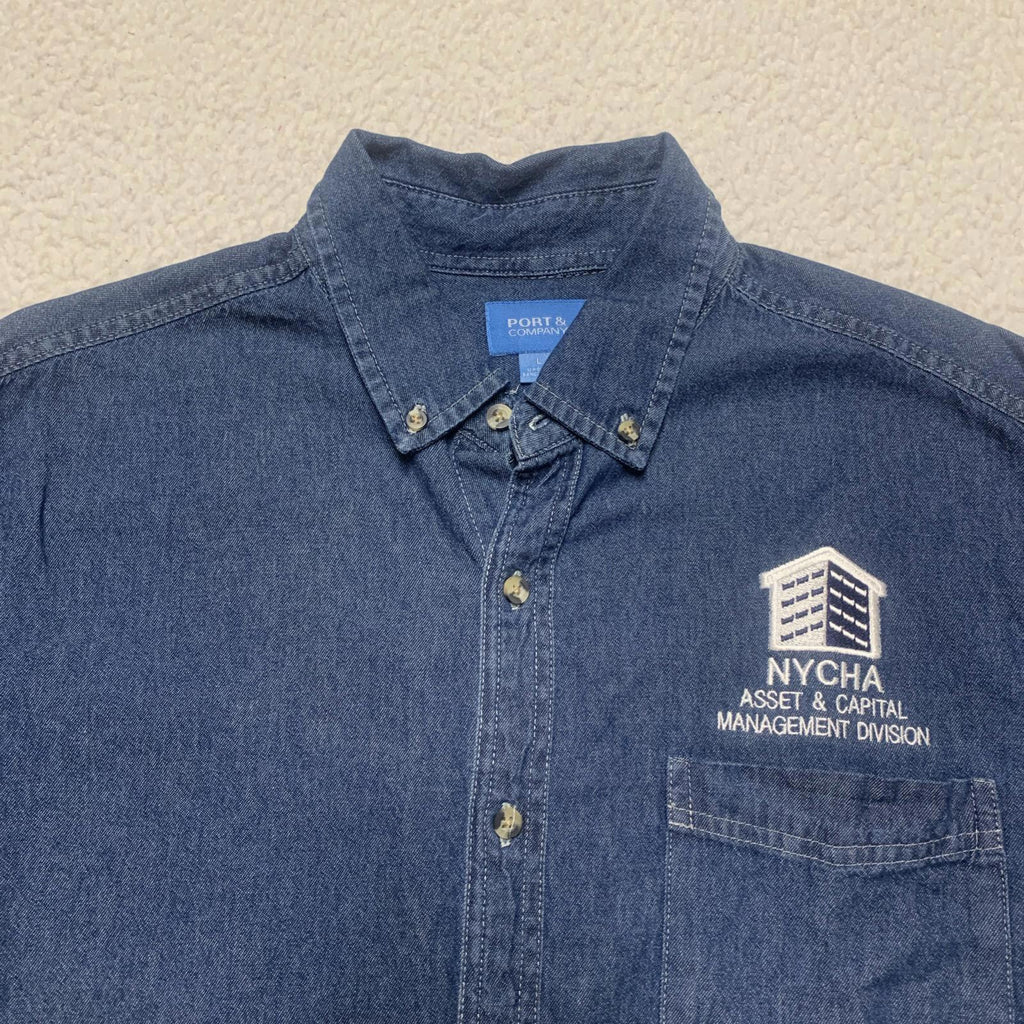 Port & Company Men's Size L Denim Blue Work Shirt NYCHA Uniform Utility Core