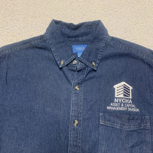 Port & Company Men's Size L Denim Blue Work Shirt NYCHA Uniform Utility Core
