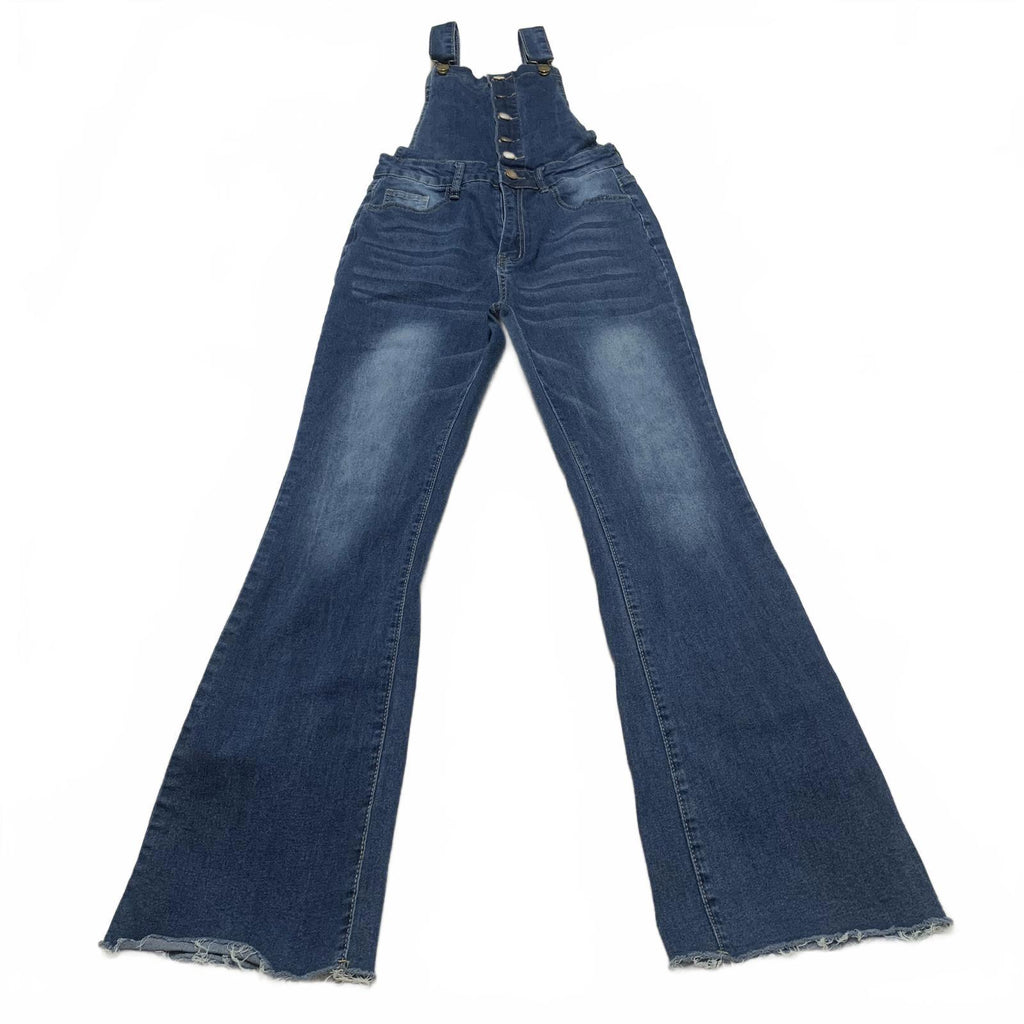 Overol de mezclilla para mujer, talla pequeña, pantalones vaqueros azules con piernas acampanadas