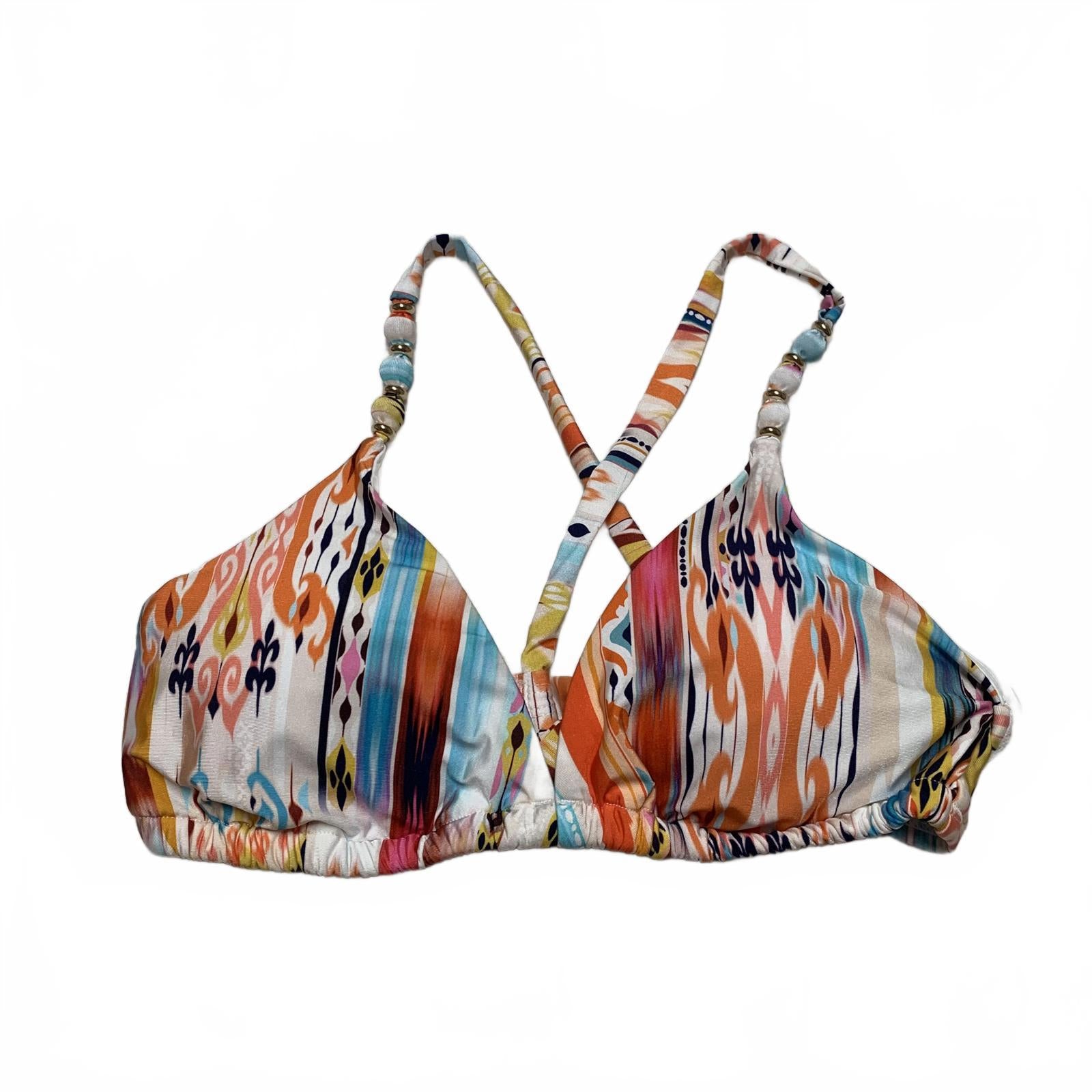 Top de bikini triangular con tirantes de cuentas y estampado colorido LA Blanca para mujer, talla 10