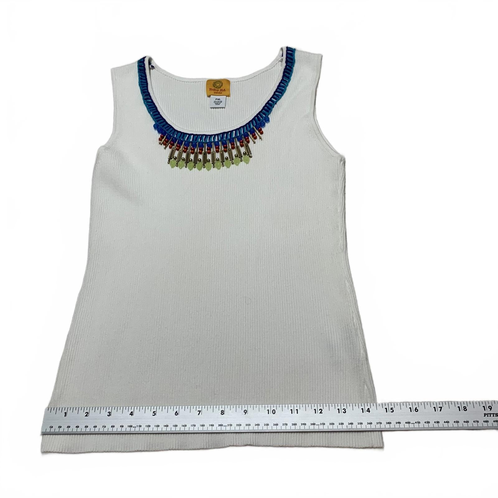 Ruby Rd. Camiseta sin mangas de punto acanalado blanco para mujer, talla XL, escote decorativo