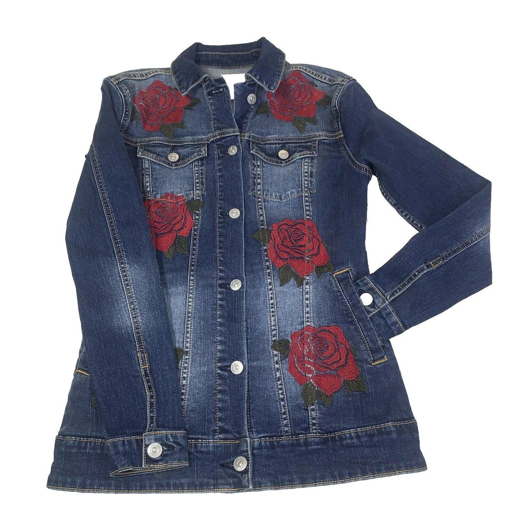 Chaqueta vaquera Lularoe Jaxon con rosa roja talla XXS y bordado pequeño