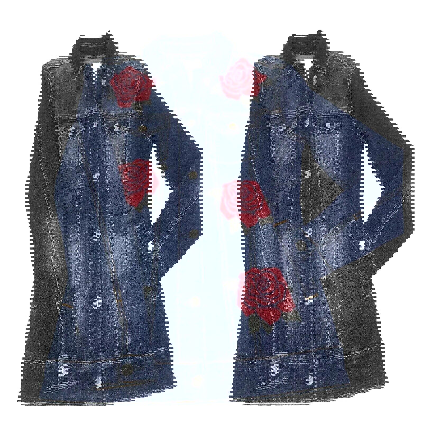 Chaqueta vaquera Lularoe Jaxon con rosa roja talla XXS y bordado pequeño