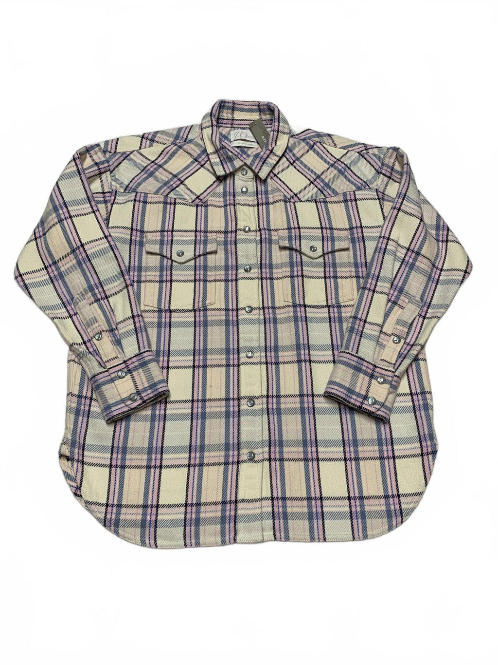 Camisa de franela para mujer J. Crew, talla 4, color lavanda, cuadros pastel, algodón con broches de perlas