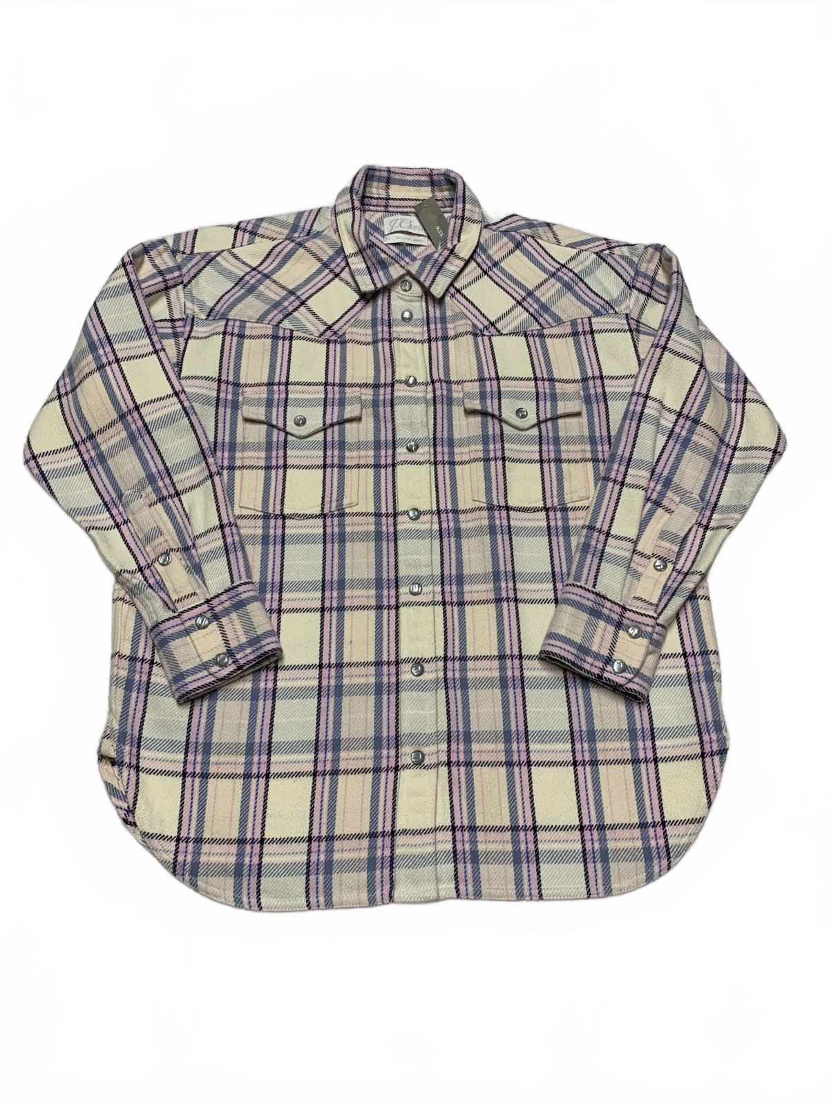 Camisa de franela para mujer J. Crew, talla 4, color lavanda, cuadros pastel, algodón con broches de perlas