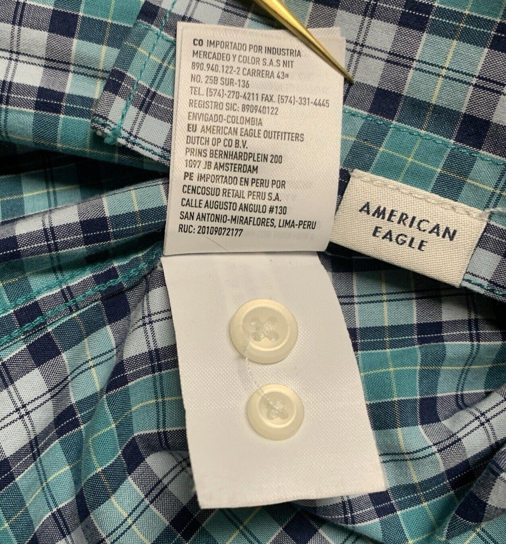 Camisa abotonada azul verdoso de manga larga a cuadros para mujer de American Eagle, talla grande