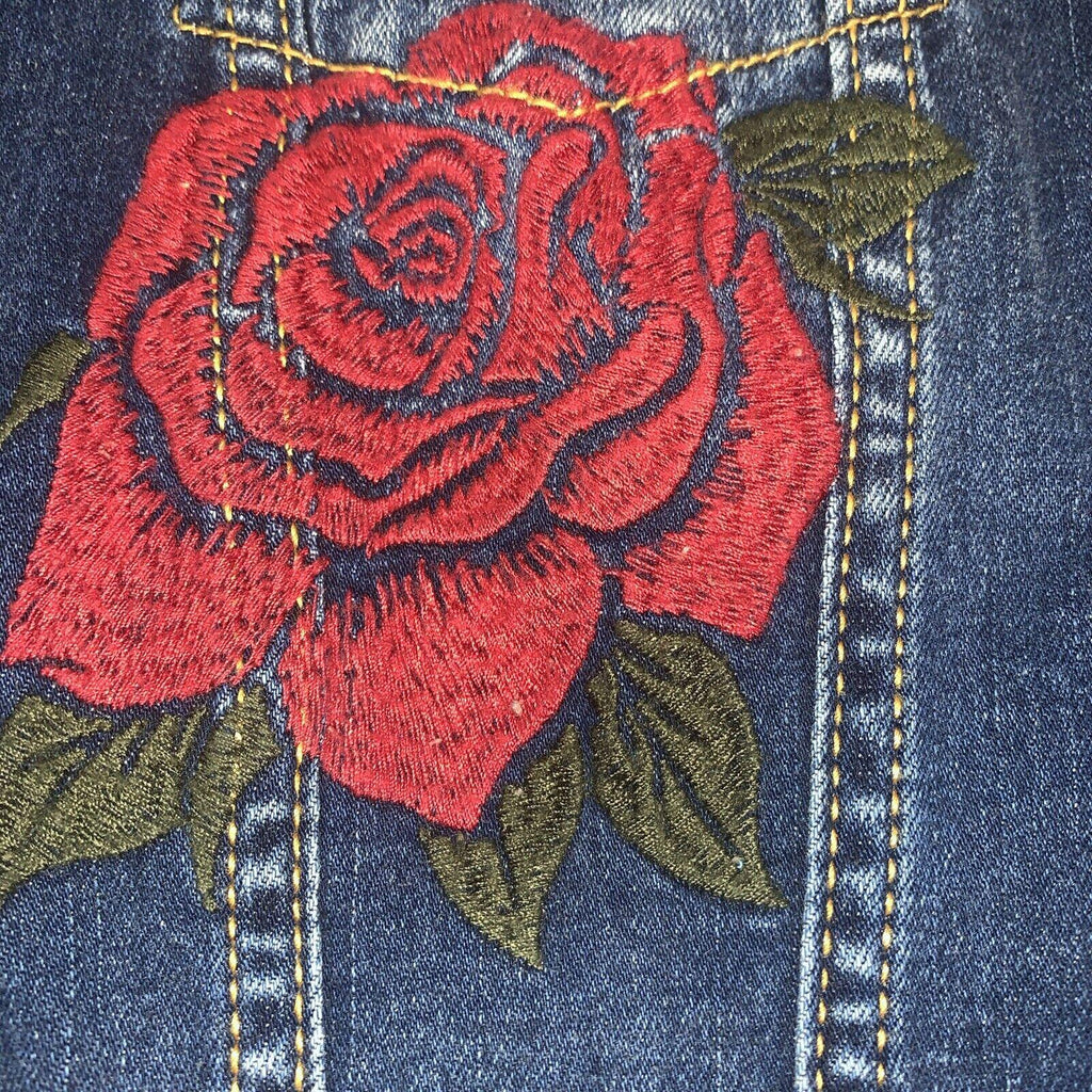 Chaqueta vaquera Lularoe Jaxon con rosa roja talla XXS y bordado pequeño
