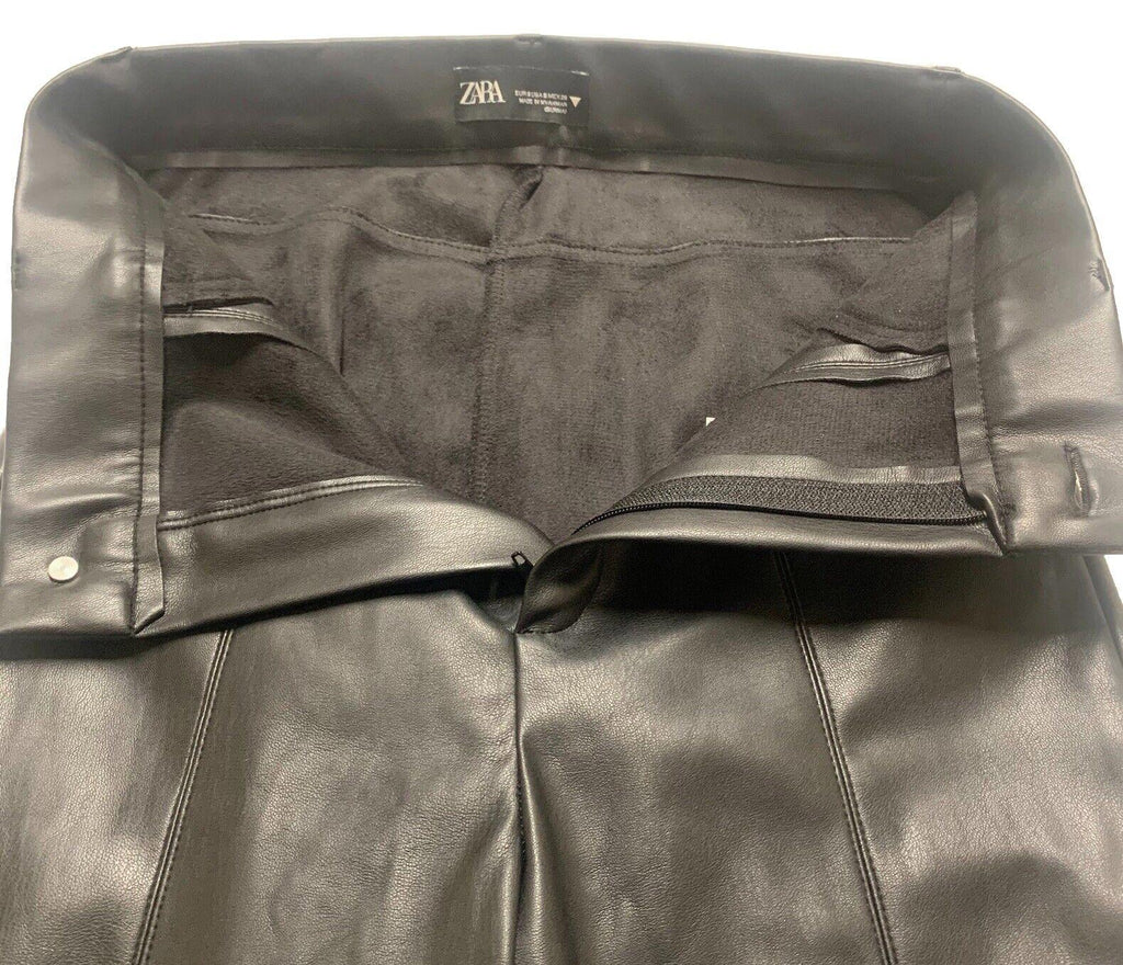 Pantalones Zara para mujer, talla pequeña, negros, de poliéster y piel sintética, hasta el tobillo