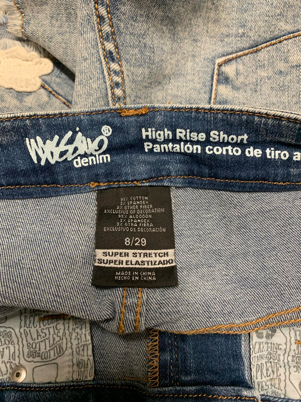 Shorts vaqueros de tiro alto con ribete de encaje Mossino para mujer, talla 8/W29