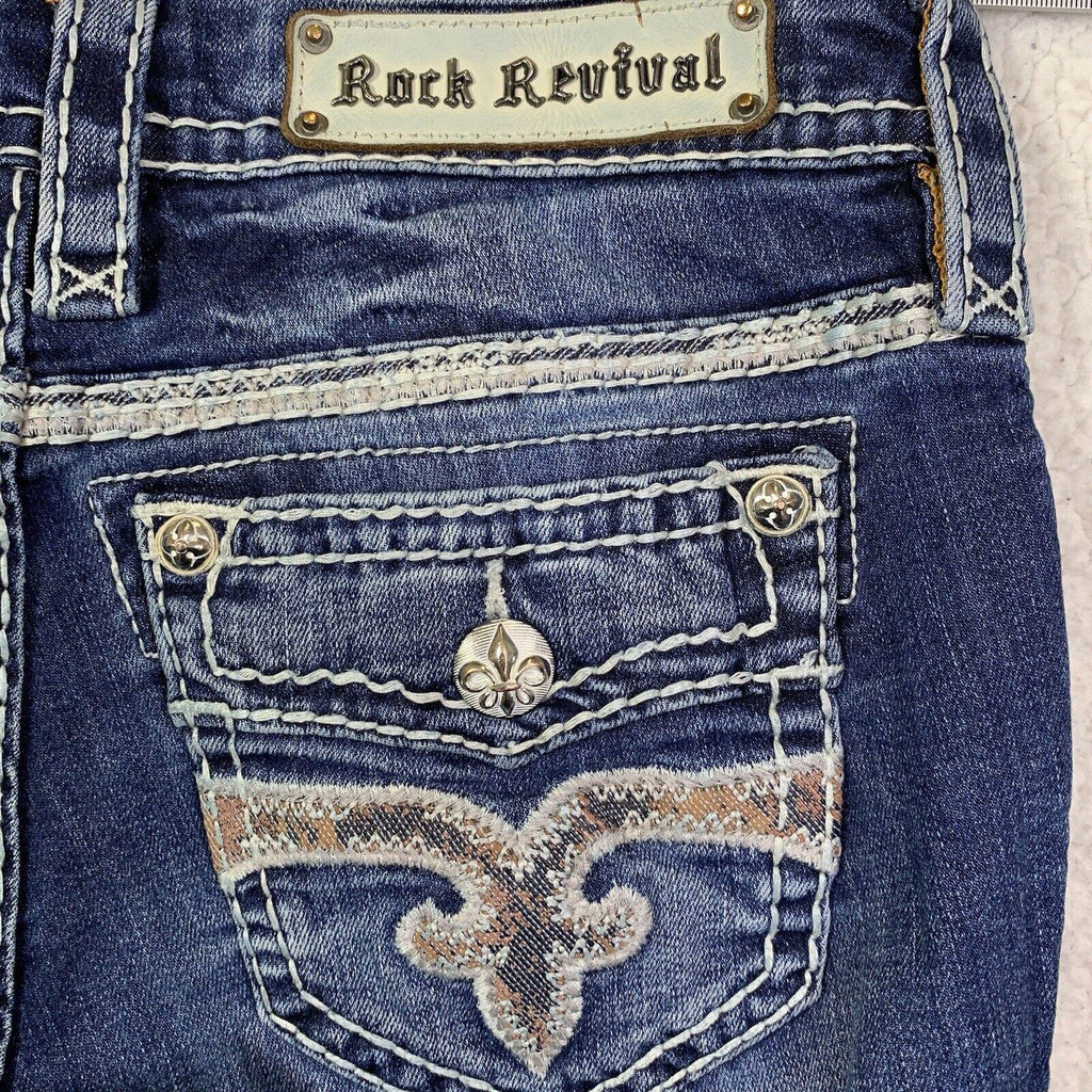 Vaqueros Rock Revival para mujer, talla 27, con bolsillo vaquero y puntadas llamativas