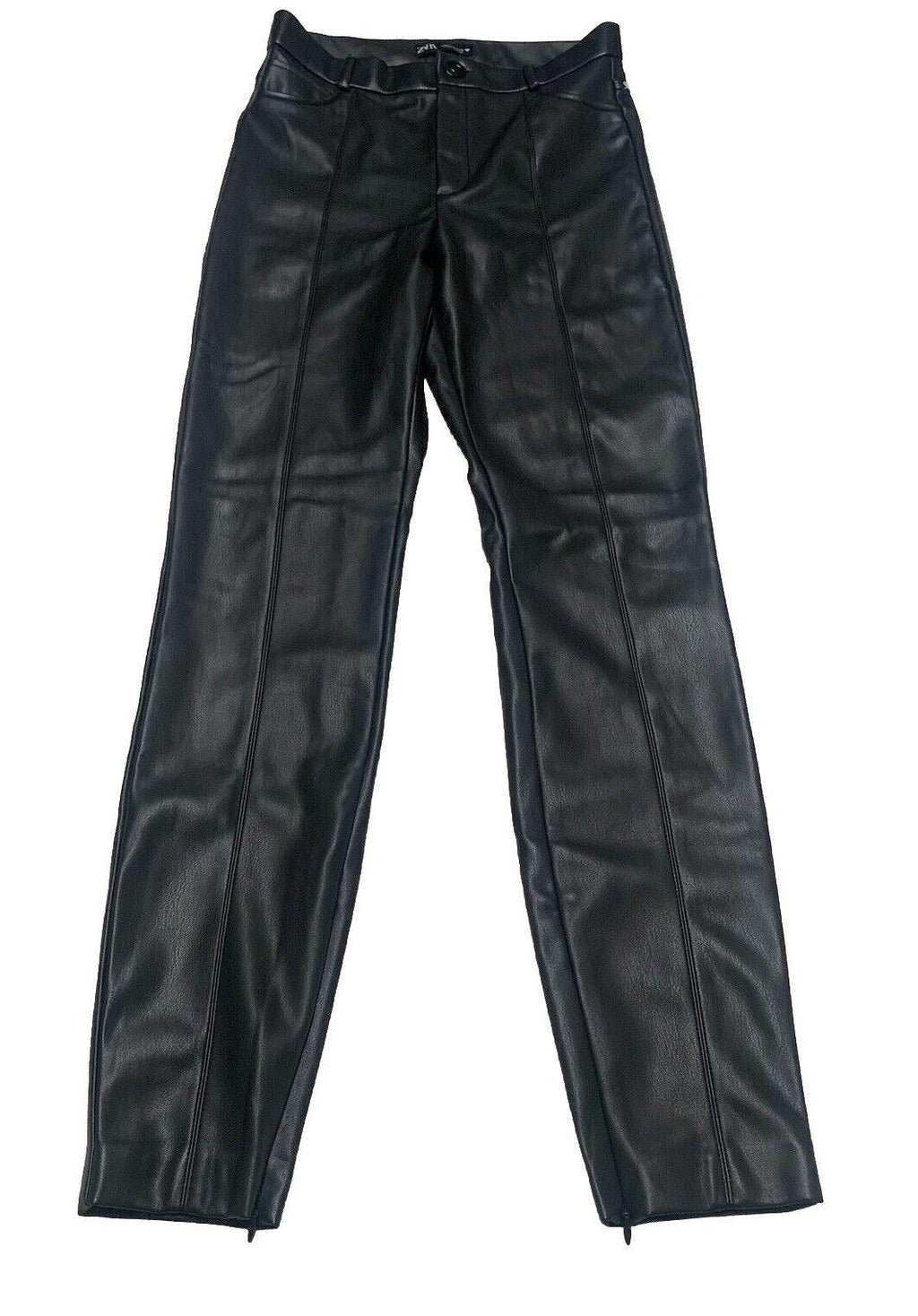 Pantalones Zara para mujer, talla pequeña, negros, de poliéster y piel sintética, hasta el tobillo