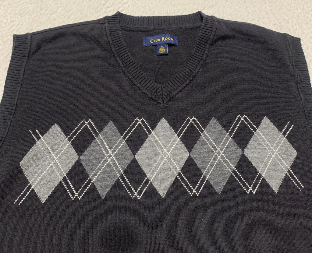 Chaleco de suéter con rombos negros de Club Room para hombre, talla grande