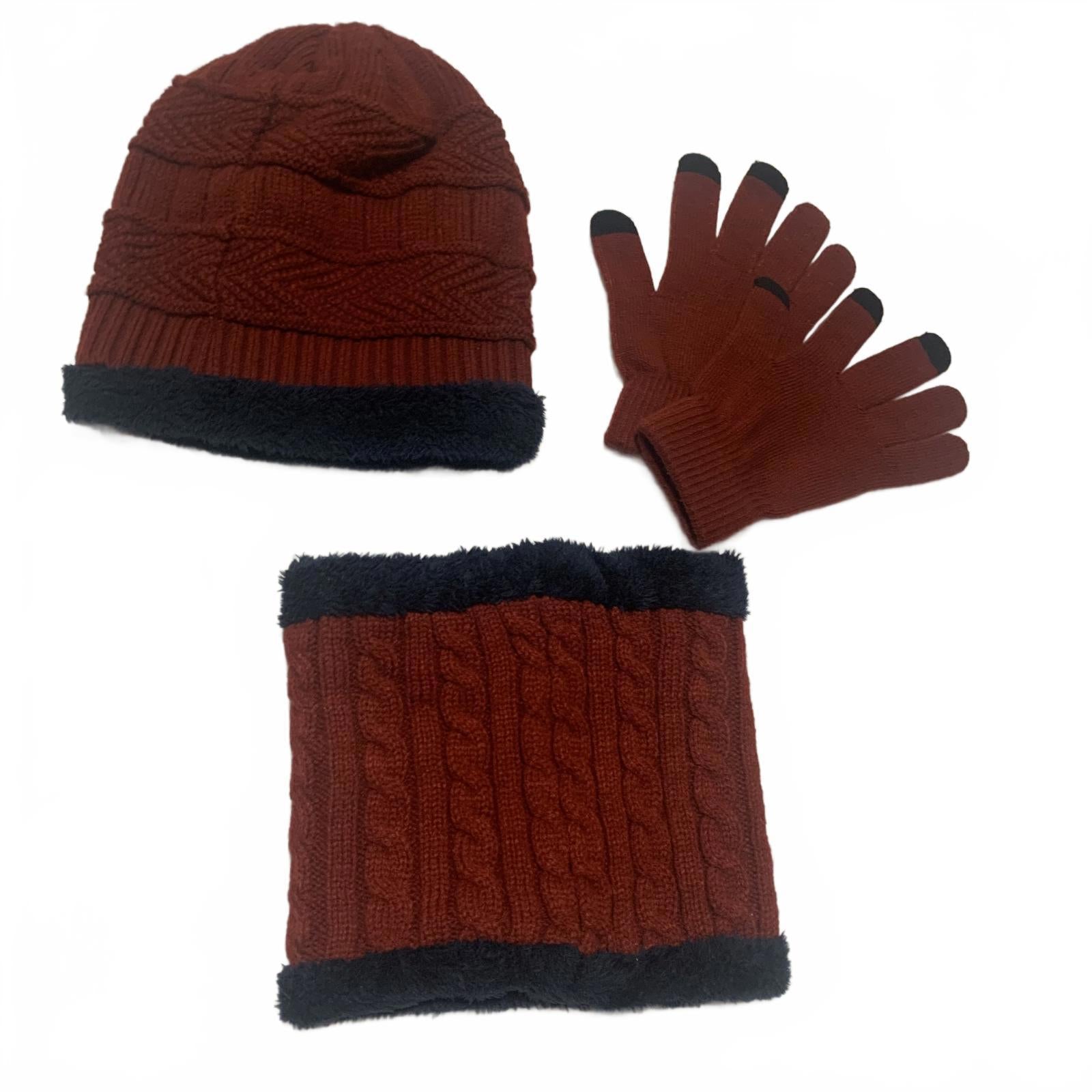 Conjunto de gorro, bufanda y guantes de punto para invierno, color burdeos y azul marino, forro de piel sintética OSFA