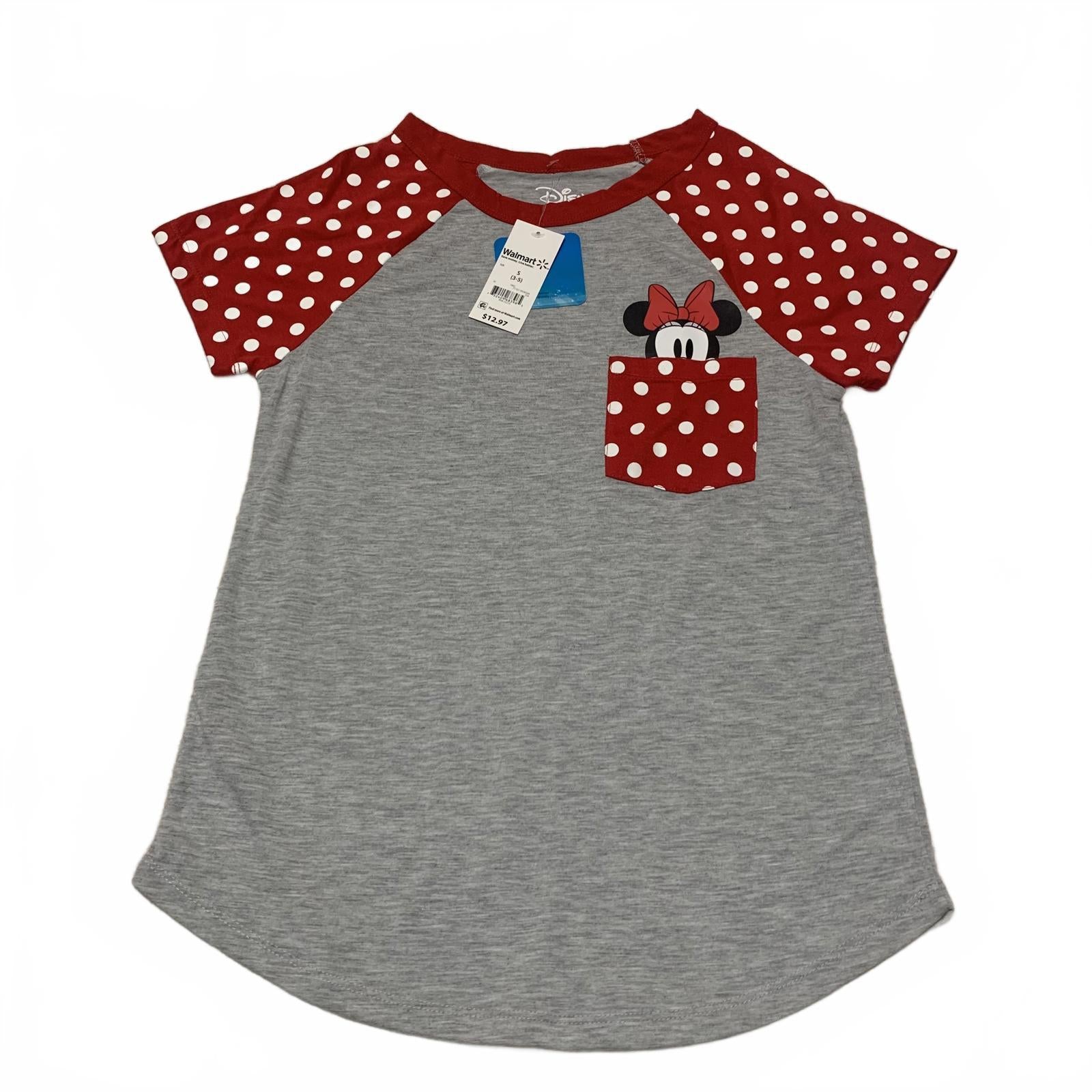 Camiseta de Minnie Mouse de Disney para niña, talla pequeña 3-5, color rojo y gris, con mangas de lunares