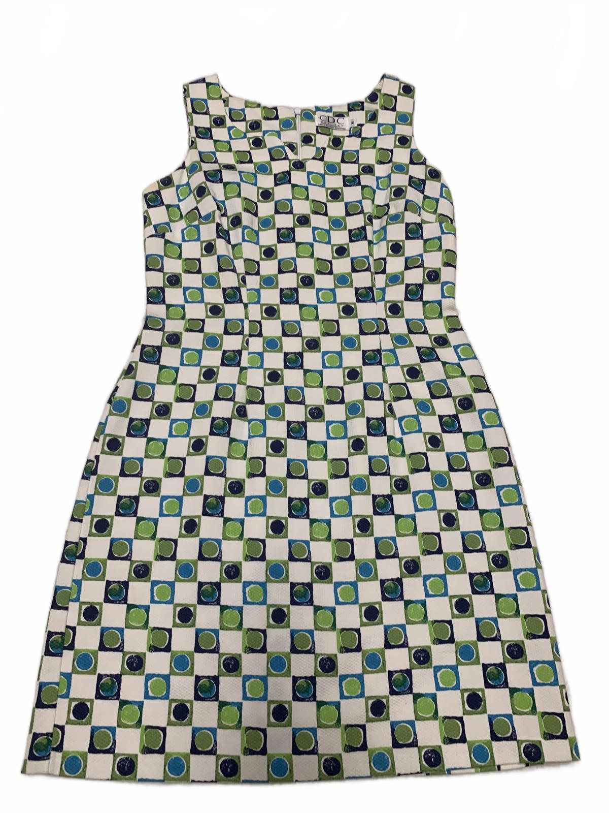 Vestido CDC Petites geométrico sin mangas, corte A, talla 8P, verano - Hecho en EE. UU.