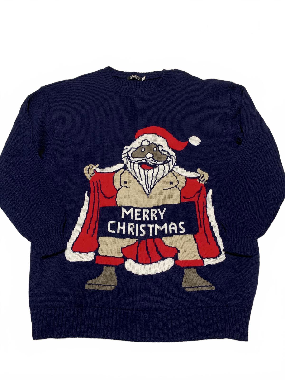 Suéter navideño azul marino USCO para hombre, talla XXL, con estampado festivo de Papá Noel