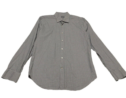 Saks Fifth Avenue Men Shirt 16 1/2 Gray Houndstooth Print Long Sleeve Button Up