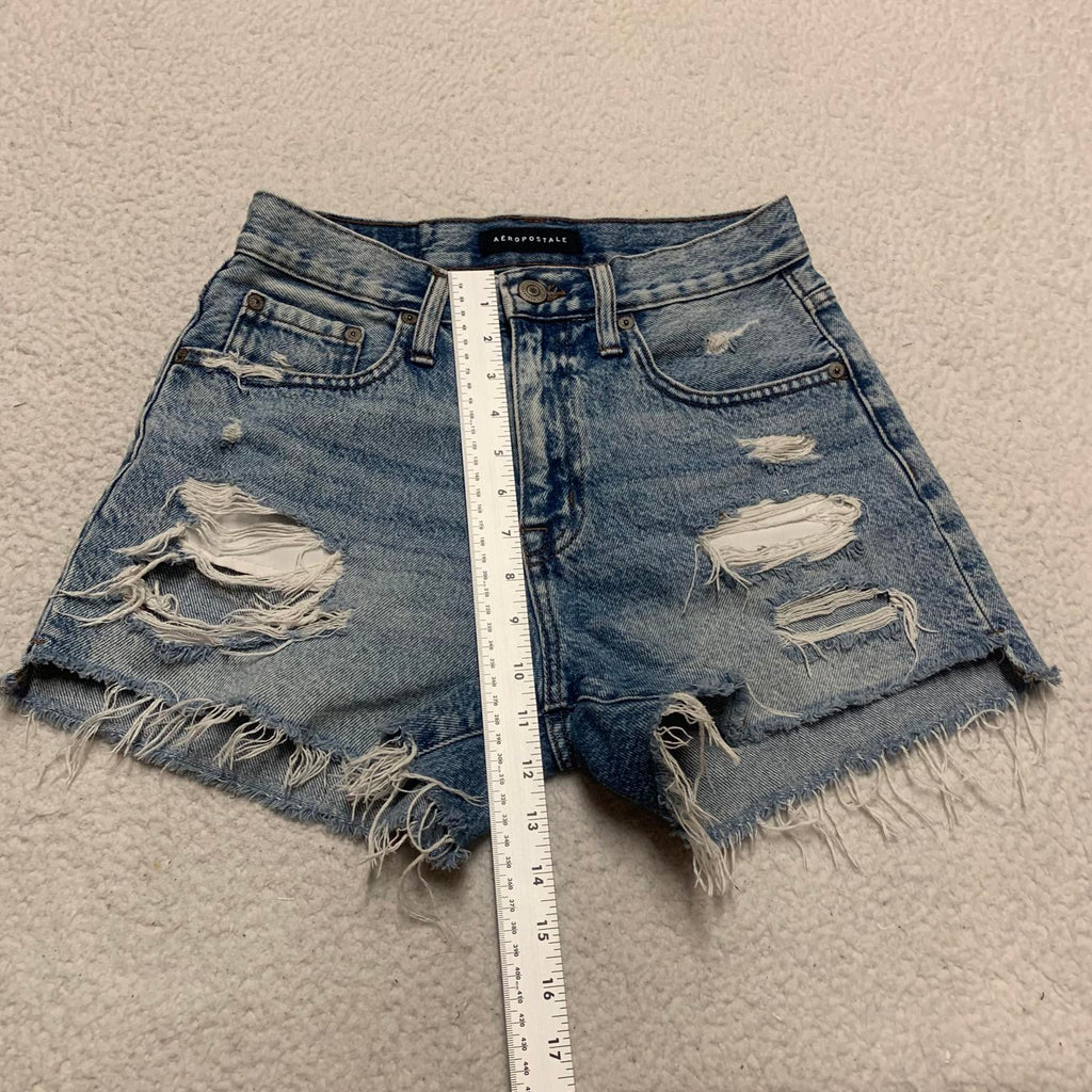 Pantalones cortos vaqueros desgastados de cintura alta de Aeropostale para mujer, talla 4, de mezclilla azul rotos