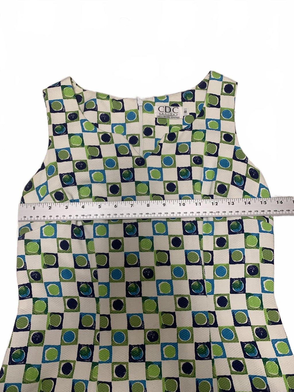 Vestido CDC Petites geométrico sin mangas, corte A, talla 8P, verano - Hecho en EE. UU.