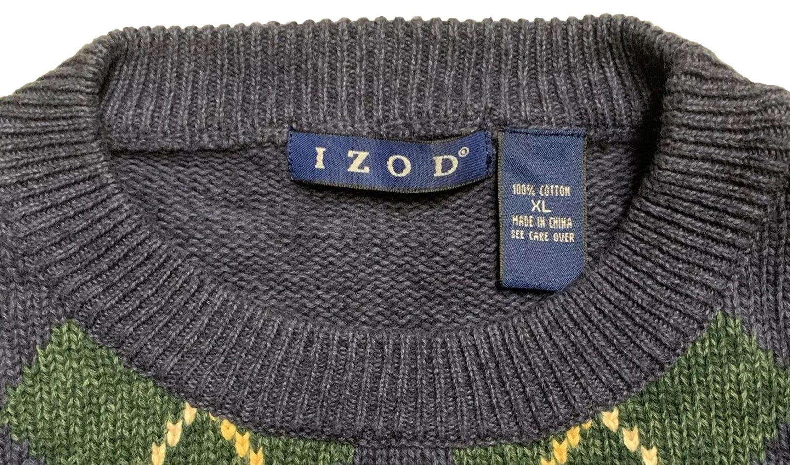Izod Men's XL Blue Green Knit Sweater Argyle Diamond Crew Neck 100% Cotton
