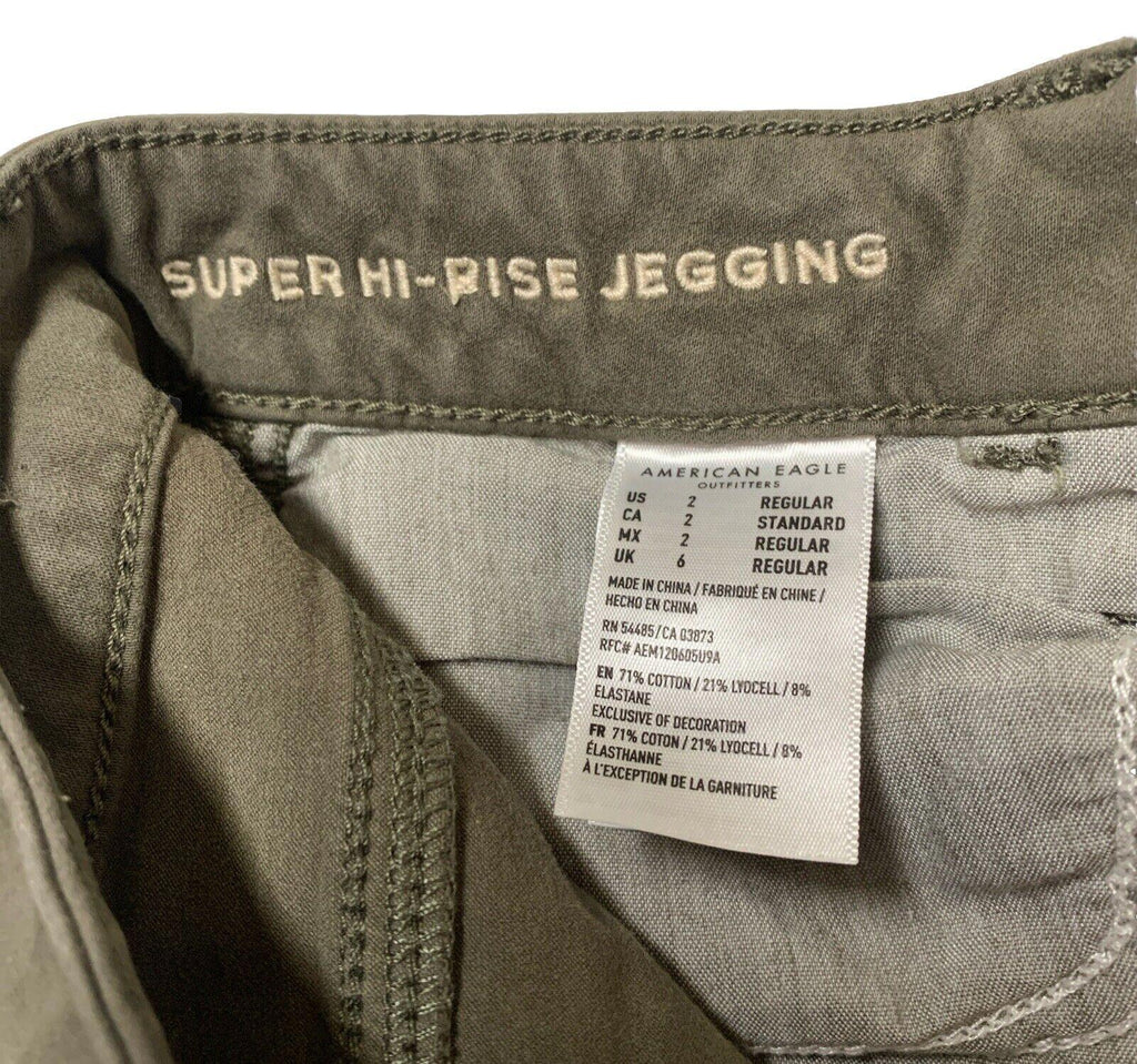 Jeggings elásticos de tiro alto superalto de American Eagle para mujer, talla 2 regular, color verde grisáceo