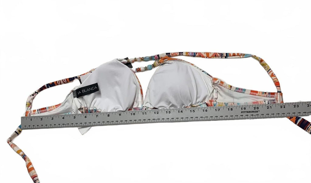 Top de bikini triangular con tirantes de cuentas y estampado colorido LA Blanca para mujer, talla 10