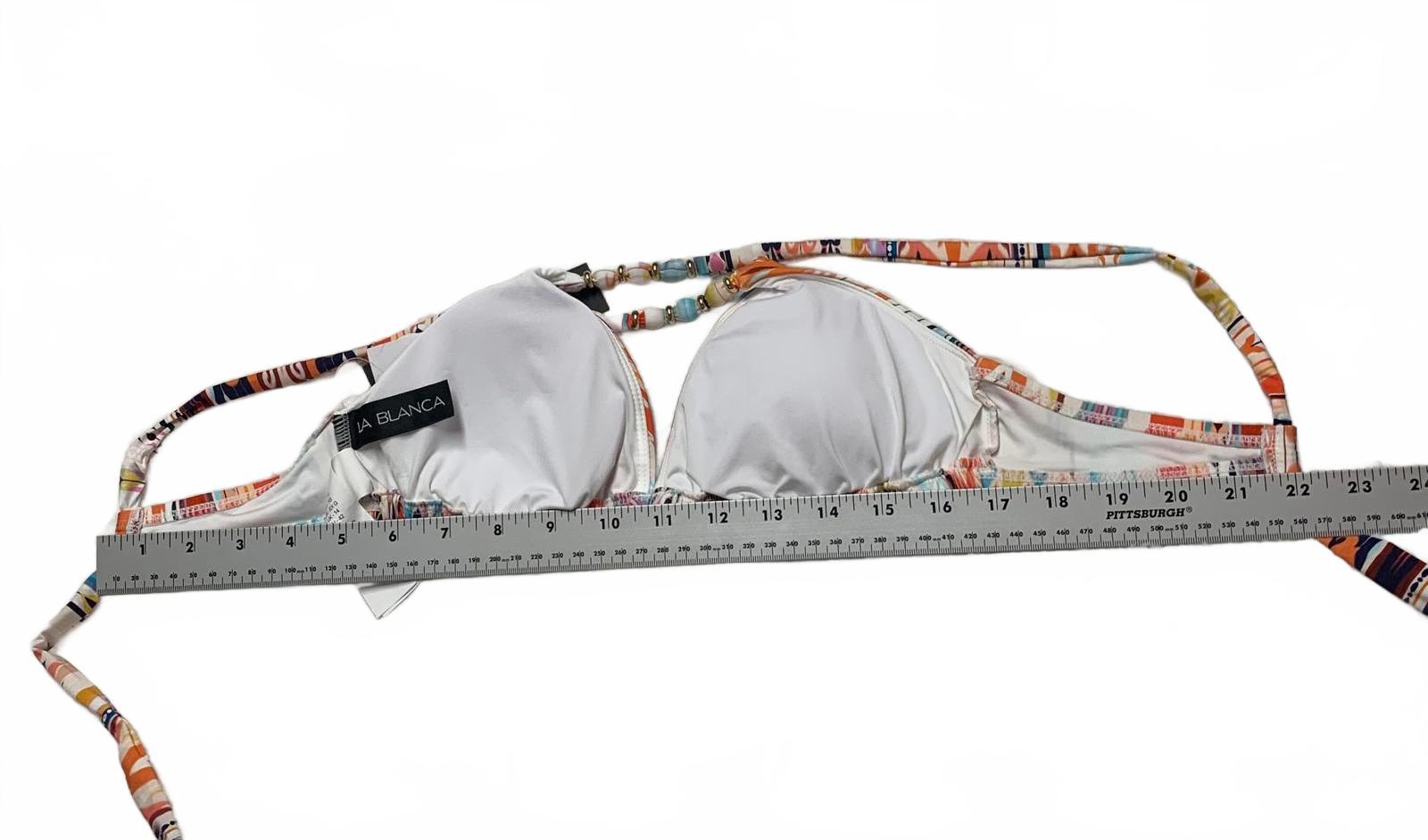Top de bikini triangular con tirantes de cuentas y estampado colorido LA Blanca para mujer, talla 10