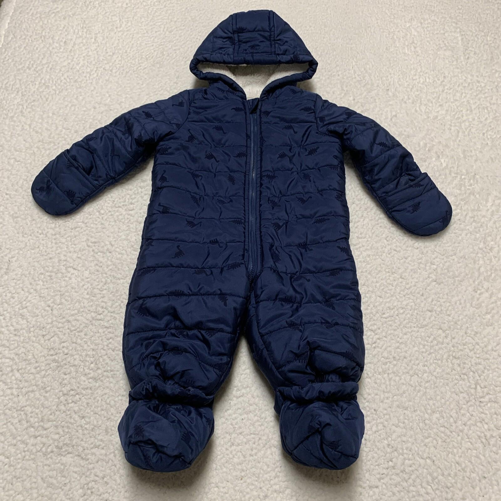 First Impressions Baby Boy Size 6-9M Navy Blue Snow Suit Coat Dinosaur Print