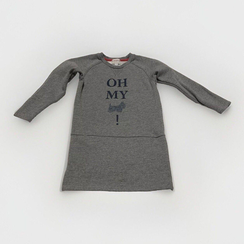 Vestido sudadera de forro polar gris jaspeado Chipie para niñas, talla 6, con purpurina de perro escocés