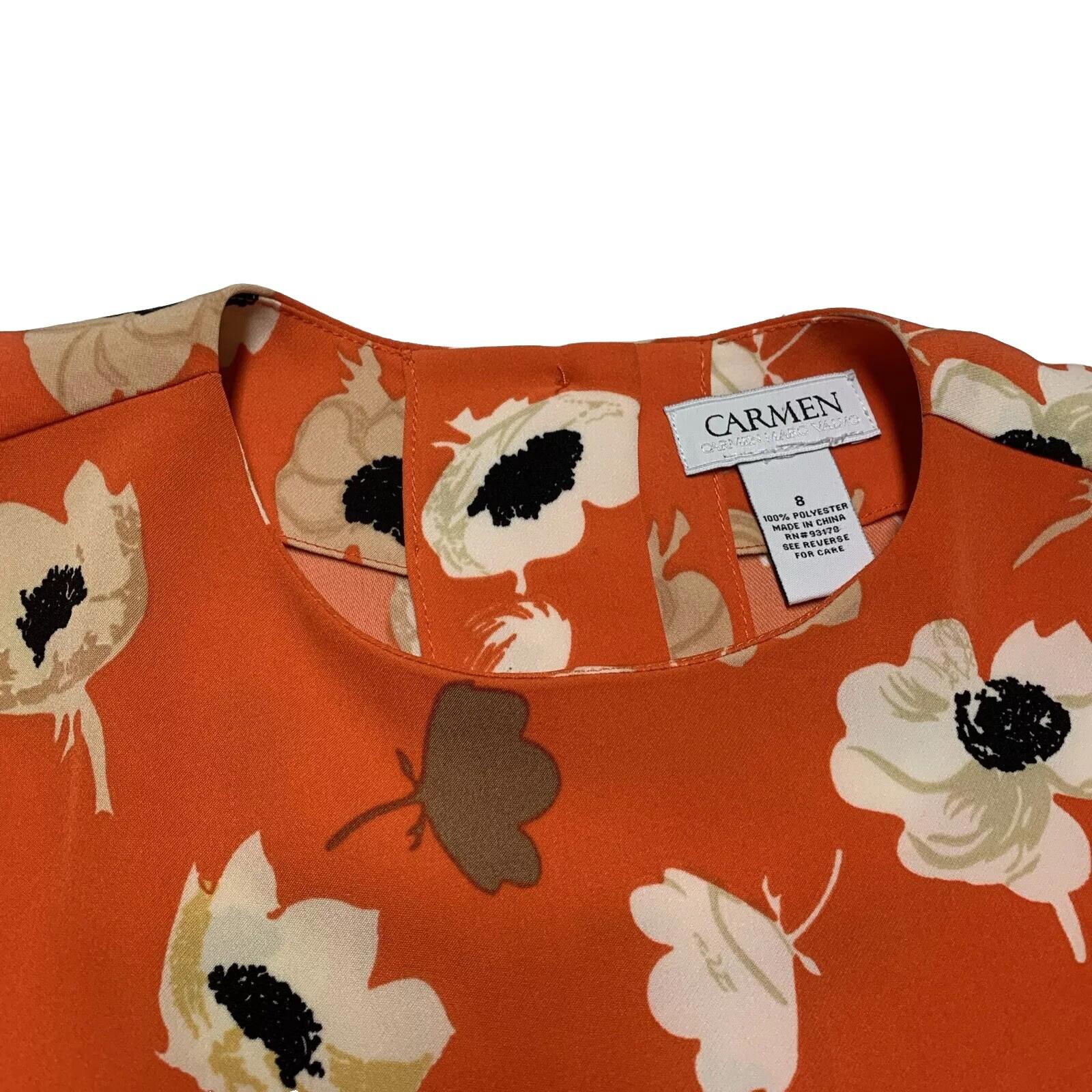 Blusa con mangas acampanadas y estampado floral naranja de Carmen Marc Valvo para mujer, talla 8