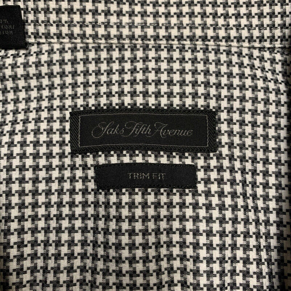 Camisa Saks Fifth Avenue para hombre, talla 16 1/2, gris, con estampado de pata de gallo, manga larga y botones