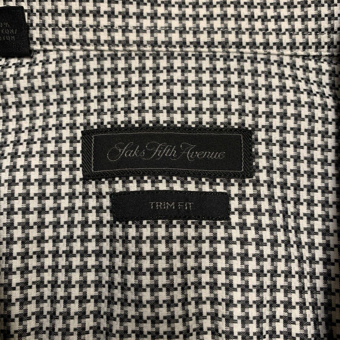 Saks Fifth Avenue Men Shirt 16 1/2 Gray Houndstooth Print Long Sleeve Button Up