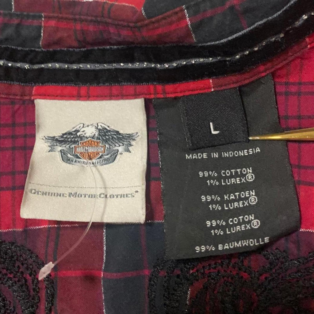 Harley Davidson Red Plaid Flannel Shirt Corset Back L