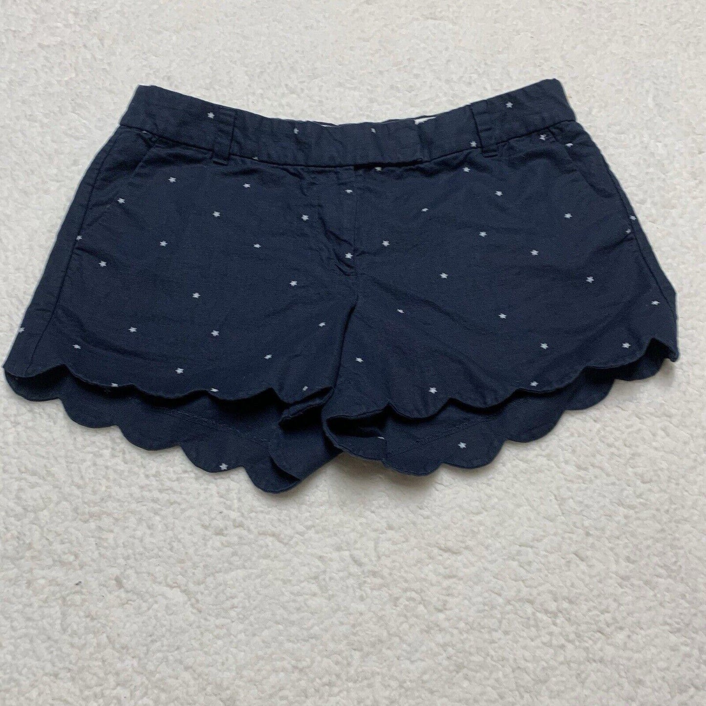 J Crew Scalloped Hem Linen Cotton Shorts Size 10 Navy Blue White Star Print