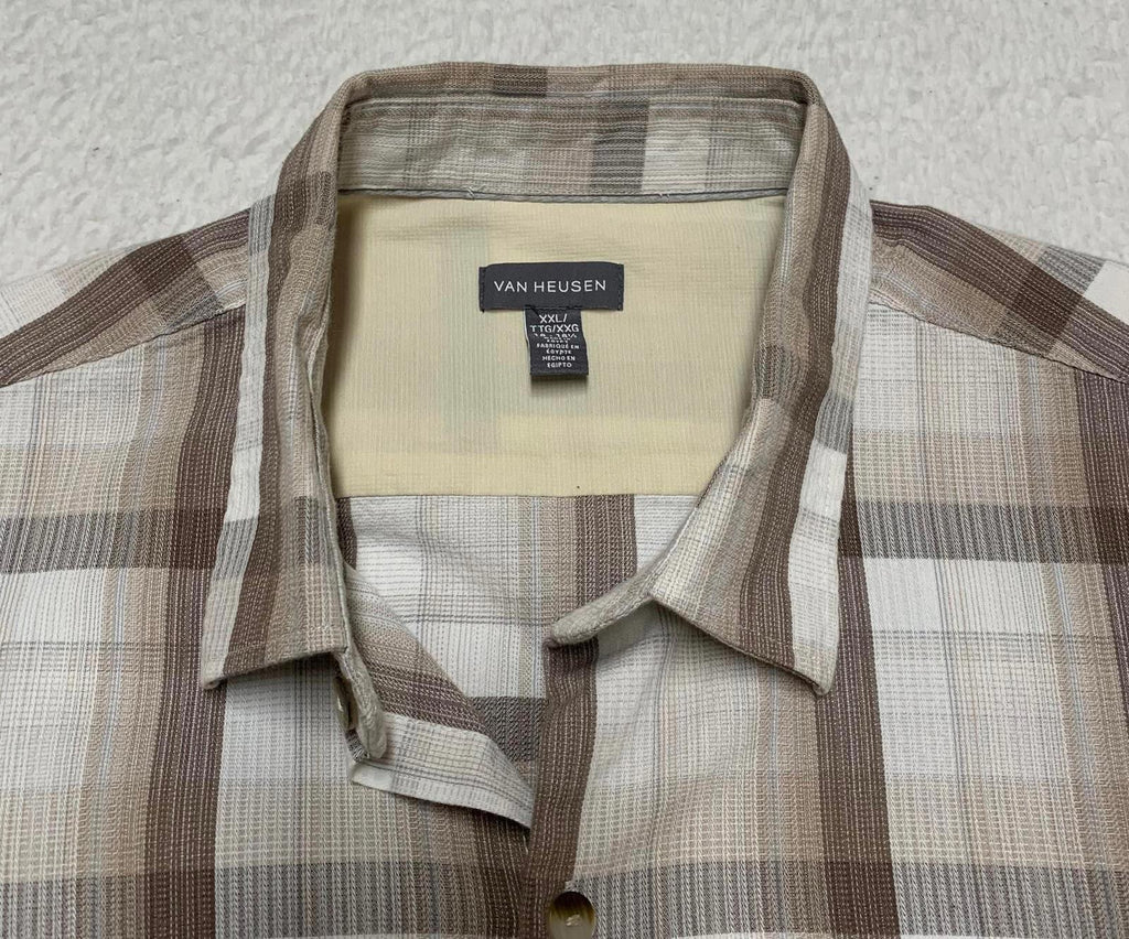 Van Heusen Camisa con botones de manga corta a cuadros beige talla XXL para hombre
