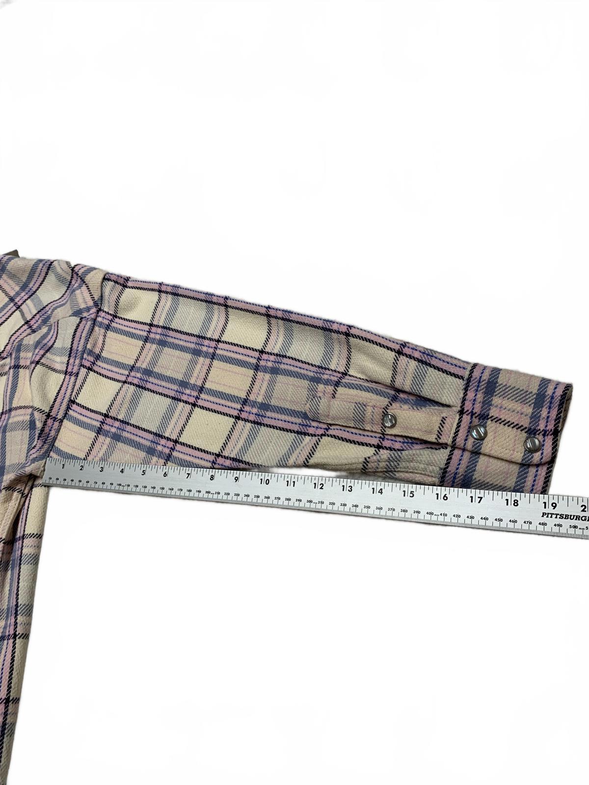 Camisa de franela para mujer J. Crew, talla 4, color lavanda, cuadros pastel, algodón con broches de perlas