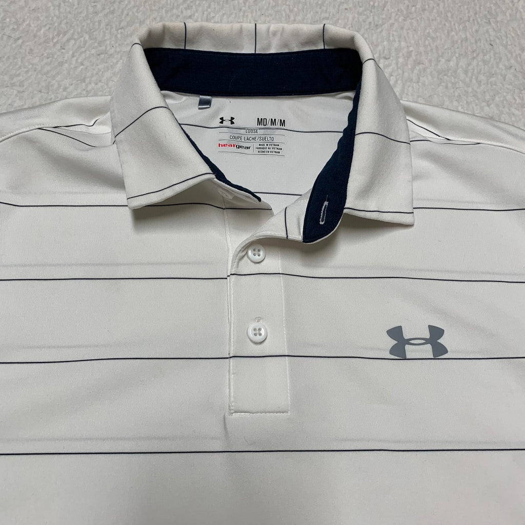 Polo Under Armour Heat Gear de rayas blancas y negras para hombre, talla mediana